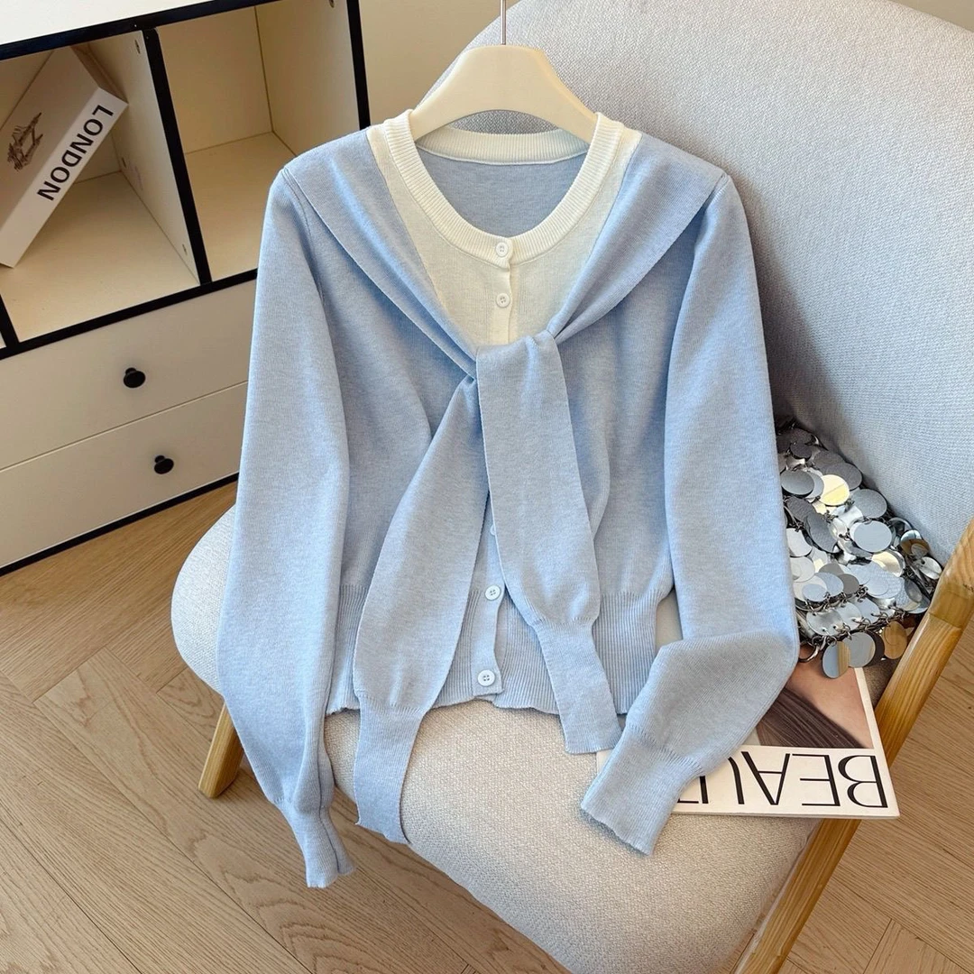 【80-200斤】法式披肩假两件针织上衣女秋冬洋气高级感显瘦毛衣女