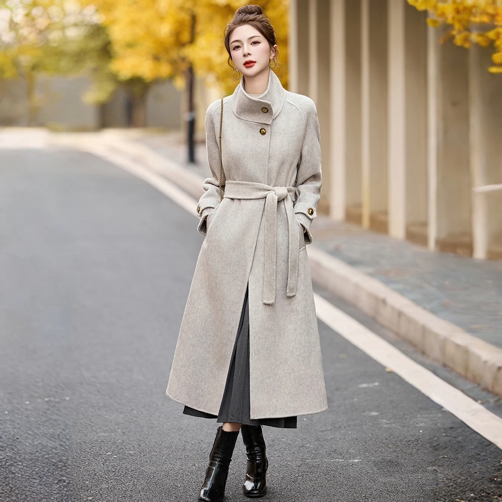 双面羊绒大衣女2025秋冬新款高级感赫本风中长款系带收腰毛呢外套