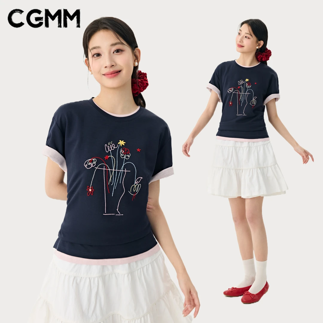 CGMM/橱柜密码新款时尚撞色刺绣休闲百搭短袖DSOMB5075