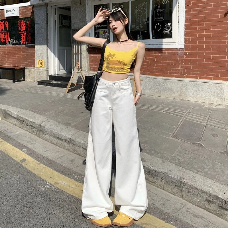 艾格2025新款开袋设计款白色阔腿牛仔裤女高腰宽松垂感直筒拖地裤