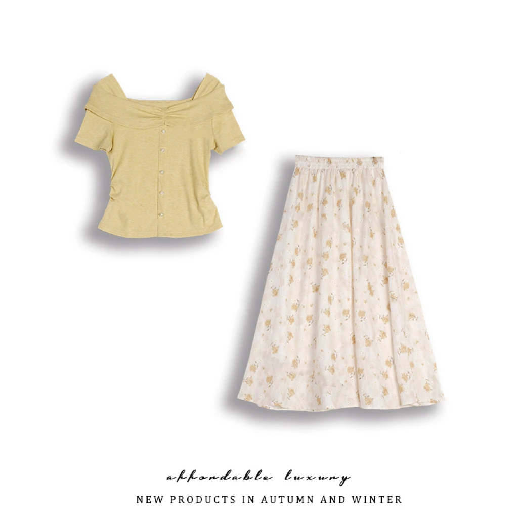 橘汁甜香一字肩t恤女短袖2025夏季新款收腰半裙套装