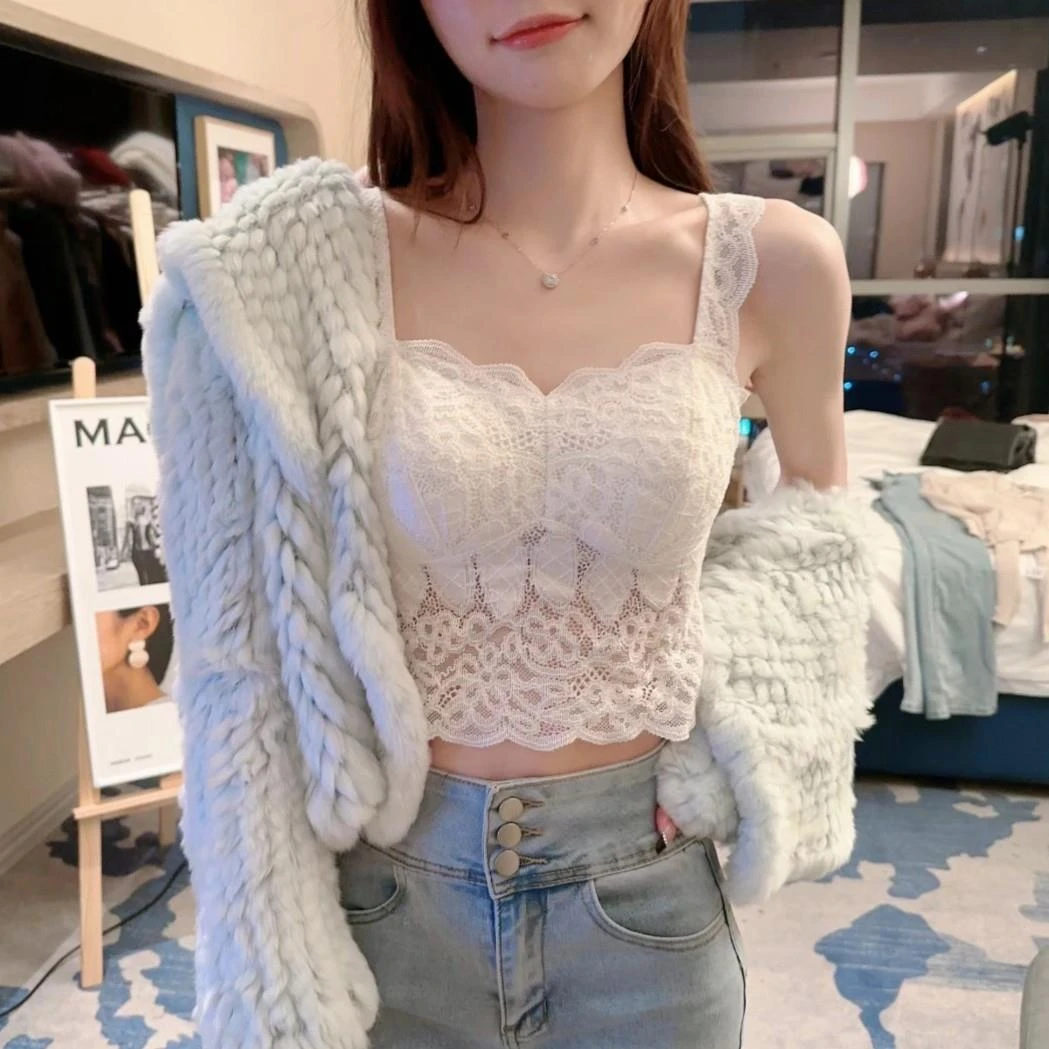 法式蕾丝美背大码带胸垫柔软舒适小众外穿蕾丝吊带背心内搭白色