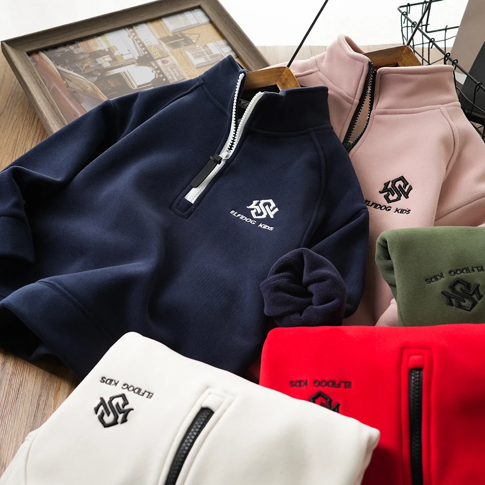 儿童秋冬新款字母刺绣开领防风加绒卫衣中大童男童上衣39077