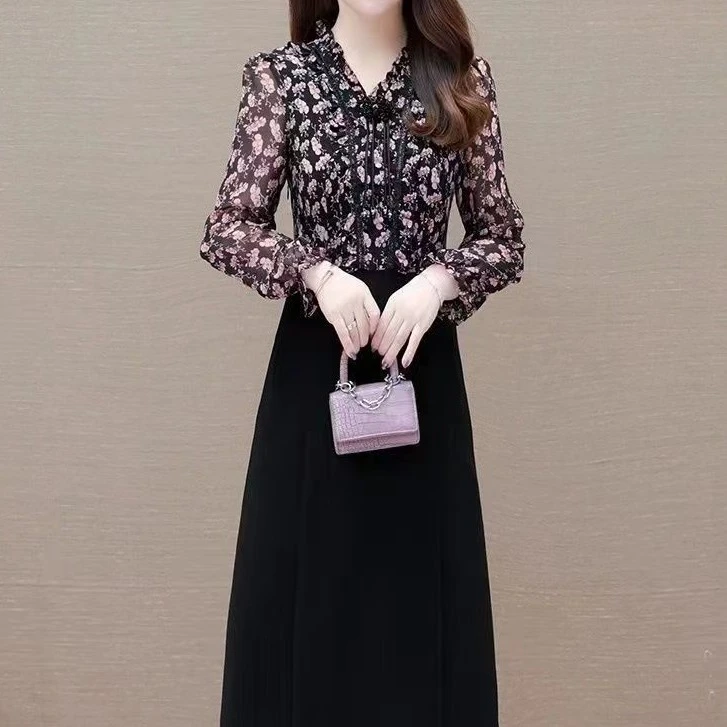 3003#春款时尚减龄修身显瘦气质百搭碎花拼接连衣裙