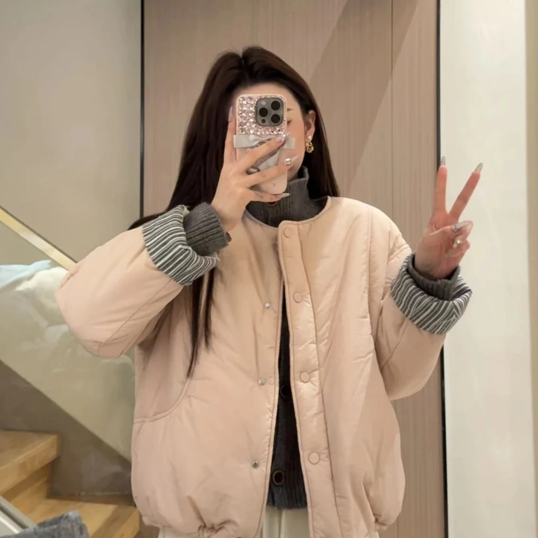2024冬季新款韩版宽松百搭圆领棉服外套韩系穿搭加厚保暖棉衣
