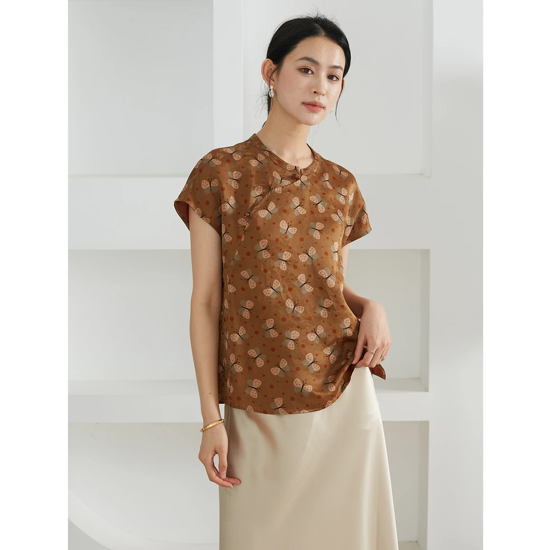 SILVIYE香云纱花萝提花100桑蚕丝真丝国风短袖上衣女夏SY52005