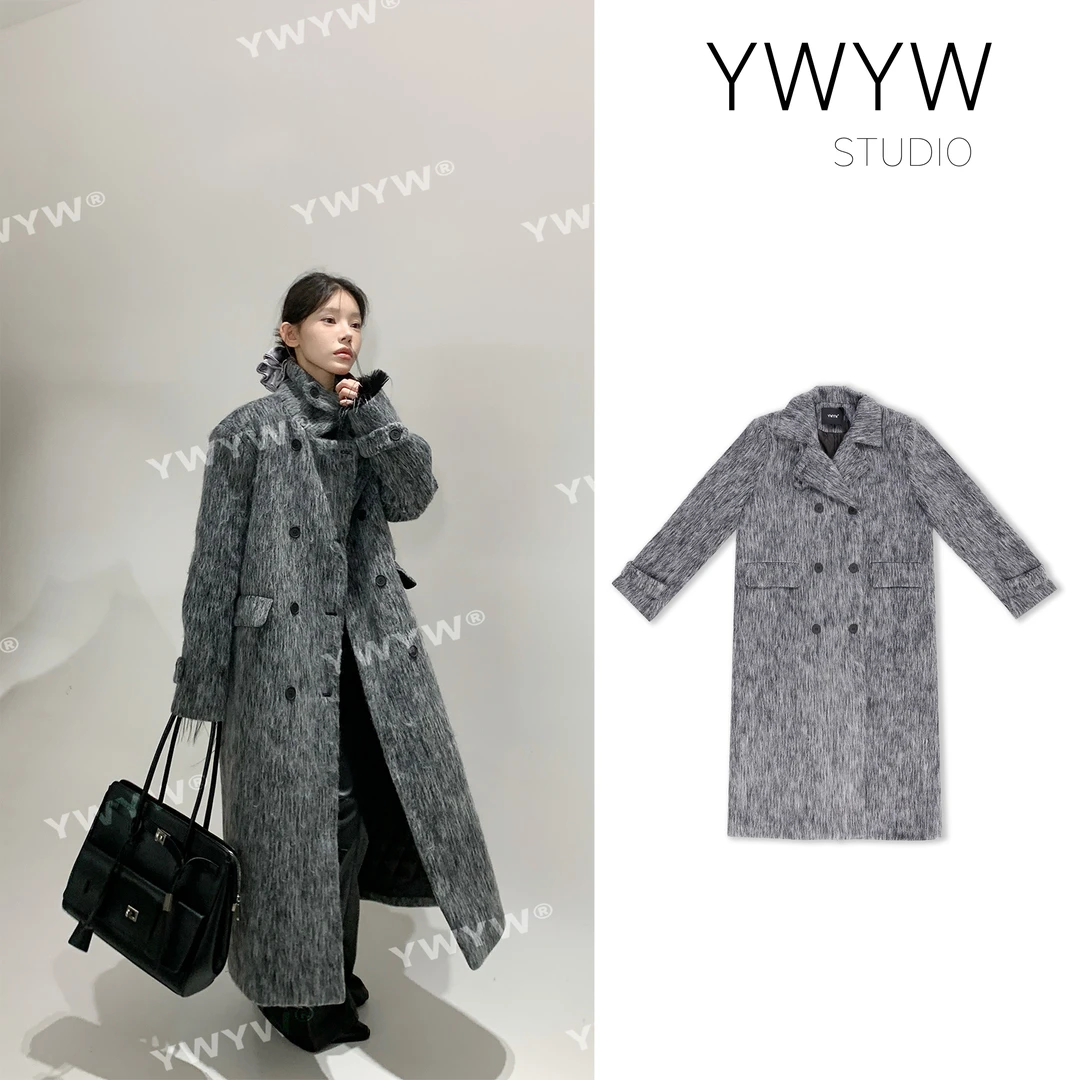 【YWYW25S/S】春季设计感翻领保暖加厚菱格棉毛呢大衣3360