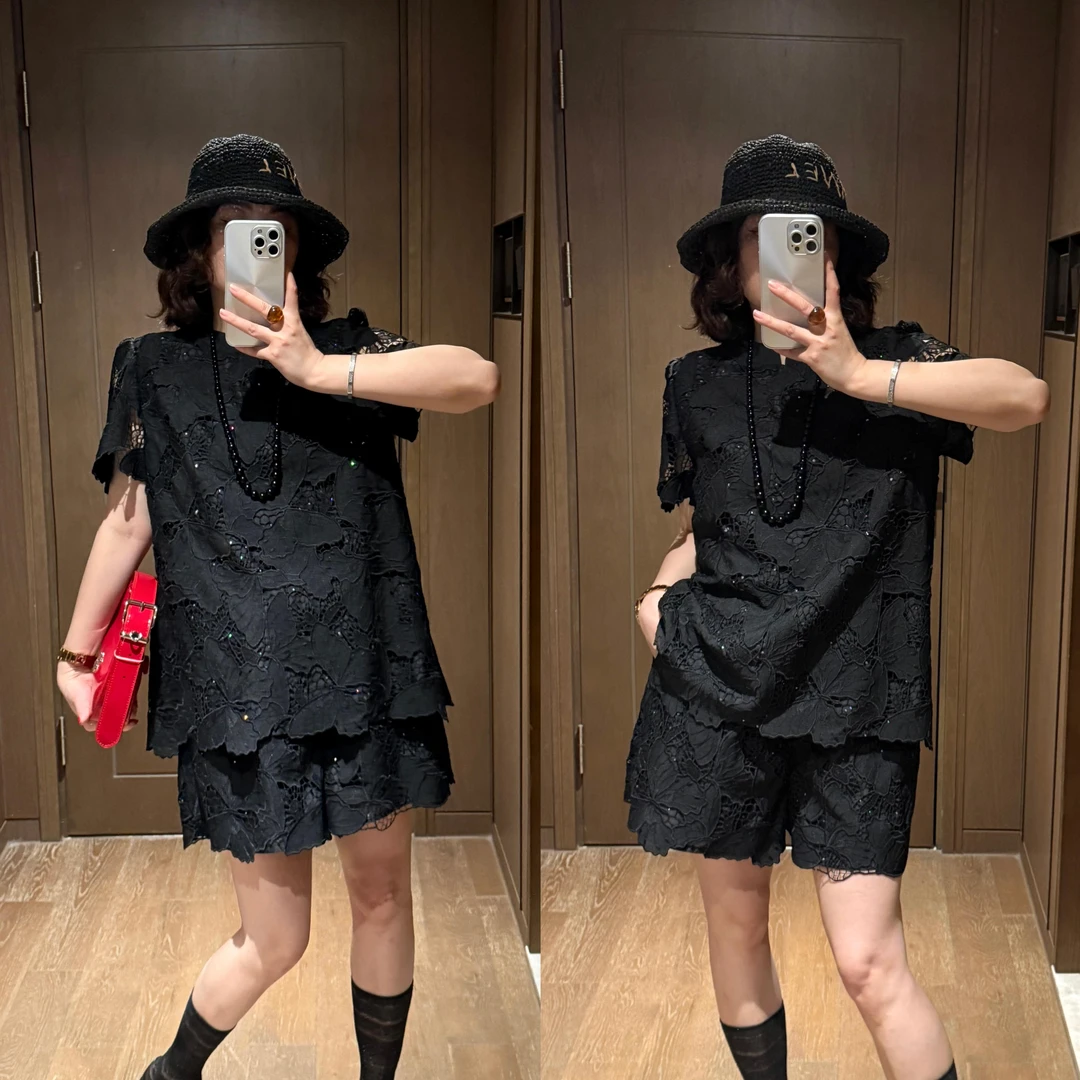 YDFSTUDIO小众【南美庄园】欧货高定高级定制中式蕾丝上衣+短裤套装