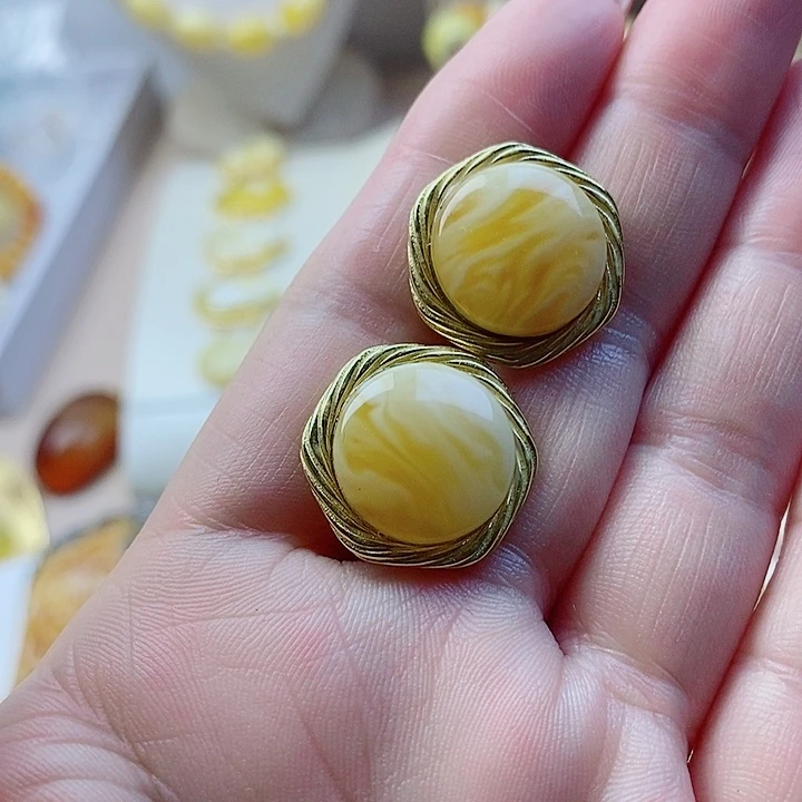 琥珀未镶嵌耳饰蜜蜡耳钉