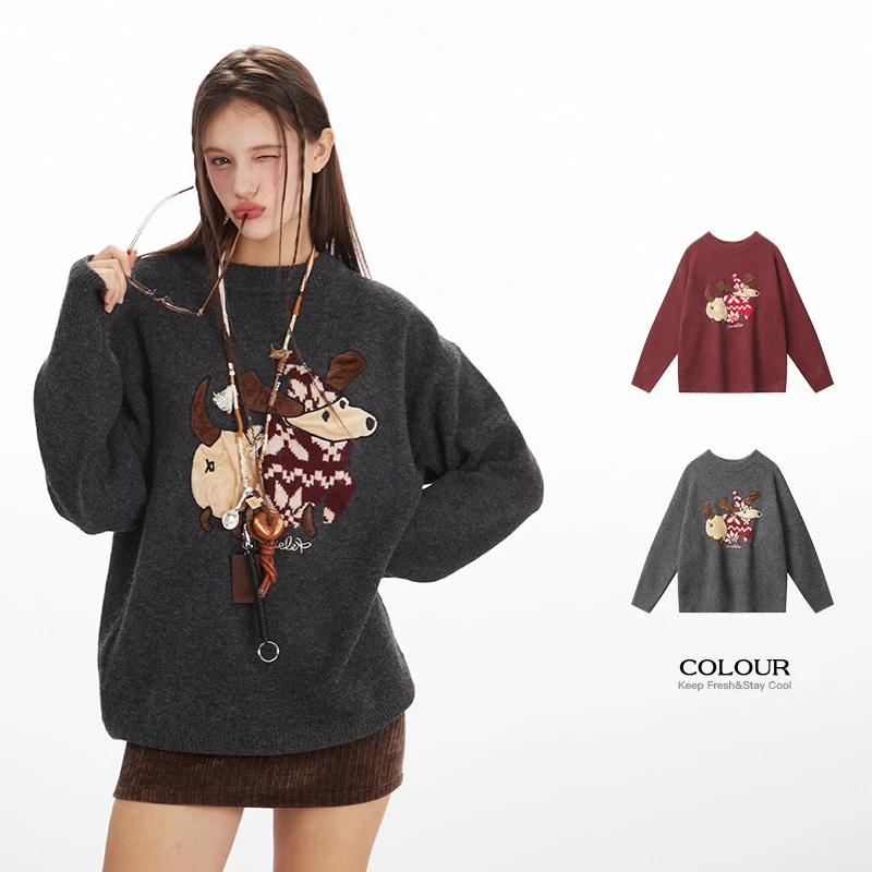 2025秋冬提花圆领套头针织衫情侣毛衣慵懒风针织软糯宽松