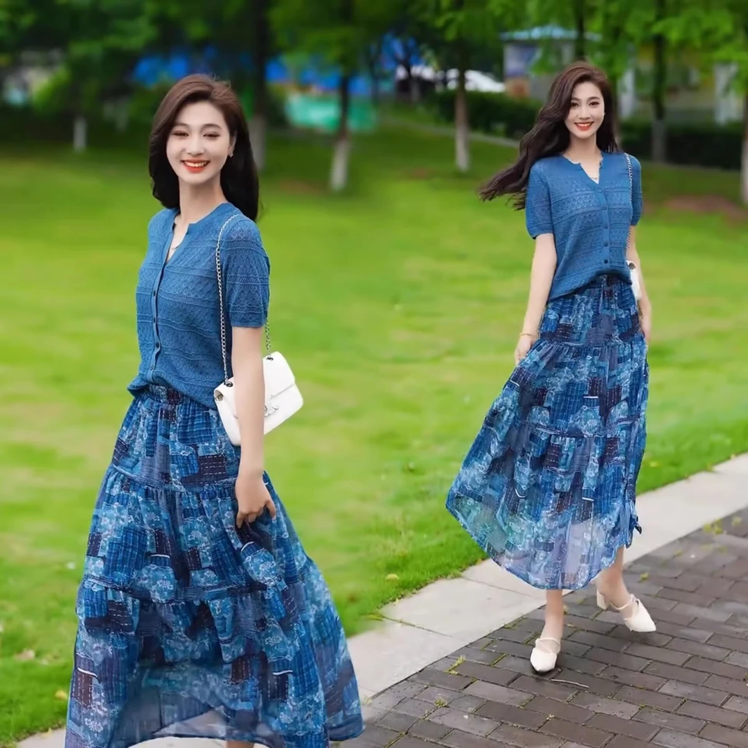 拉夏贝尔夏季短袖针织衫碎花半身裙2025新款两件套气质高腰显瘦裙