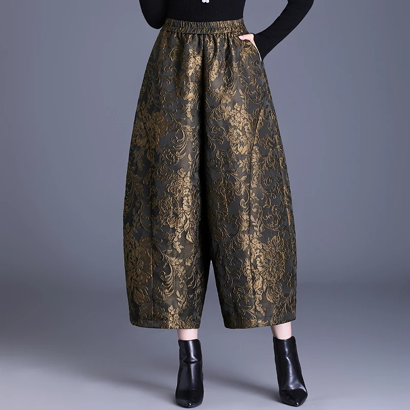 中老年妈妈秋季新款宽松灯笼裤夹棉高腰休闲提花茧型萝卜九分裤女