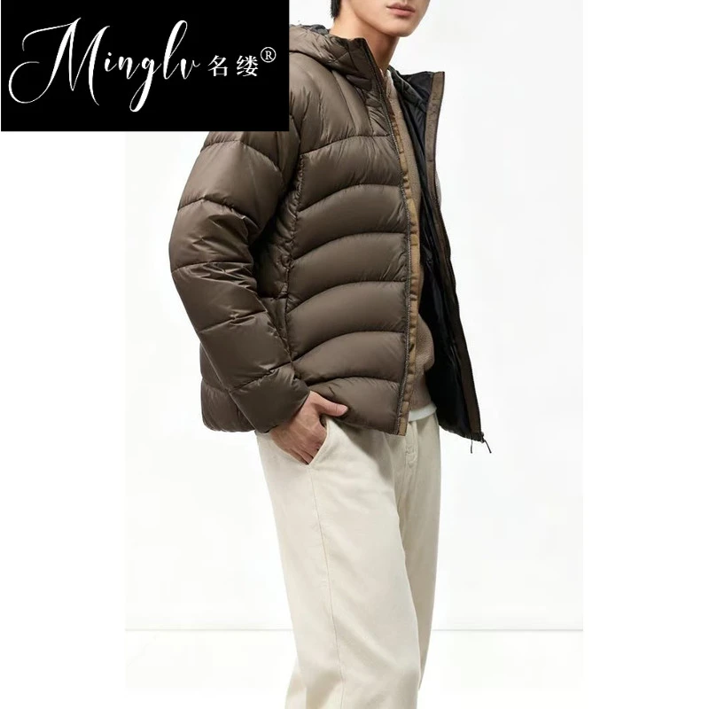 名缕轻奢高端排骨羽绒服男士2025冬季上新连帽短款无缝保暖外套