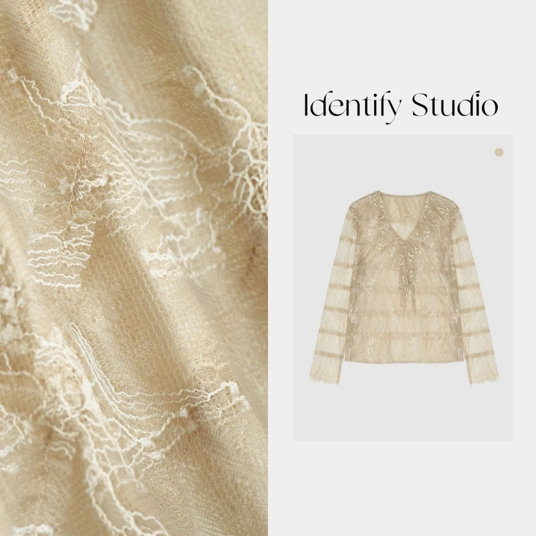 IDENTIFY香香“蕾丝之韵”春季新款条纹蕾丝网纱V领上衣25SS