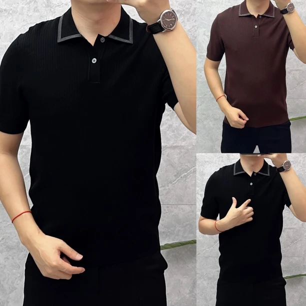 桑蚕丝竖条暗纹短袖T恤秋冬季新款商务修身基础大众休闲T恤79140