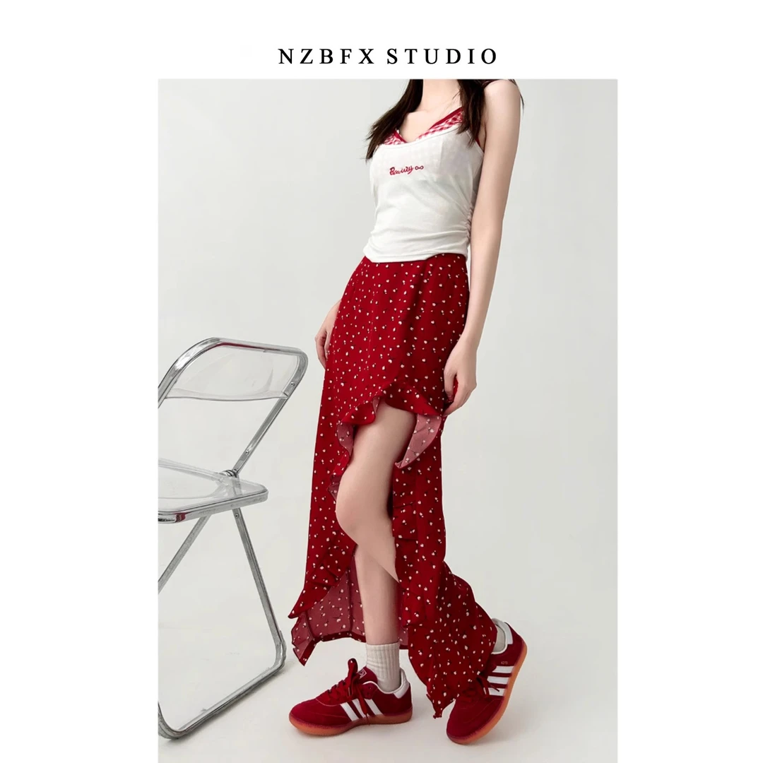 红色碎花半身裙女夏季不规则开叉高腰气质包臀中长款裙子