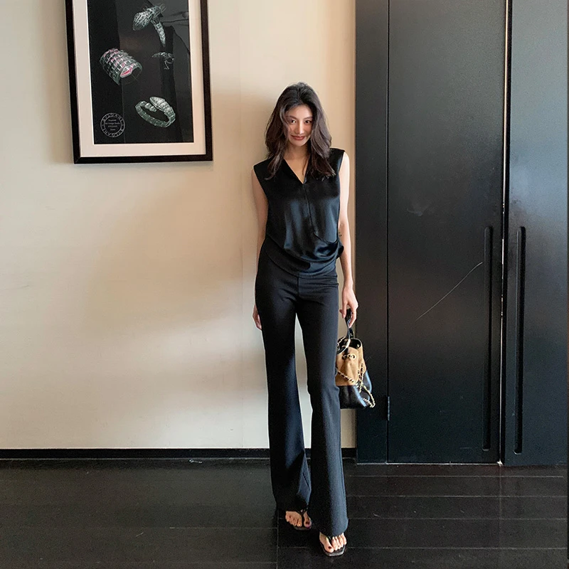 【ALONE SAVOR】龍喜儿超模裤 轻奢微喇高腰垂感弹力休闲裤Z626