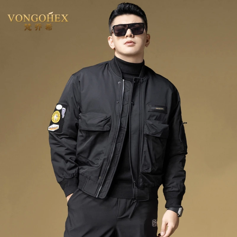 VONGOHEX工装羽绒服男冬季休闲棒球领白鸭绒上衣保暖短款羽绒外套