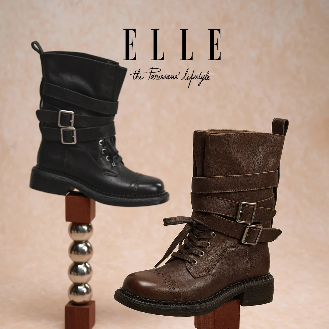ELLE厚底金属扣酷帅机车靴女款2025冬季复古英伦风粗跟系带马丁靴