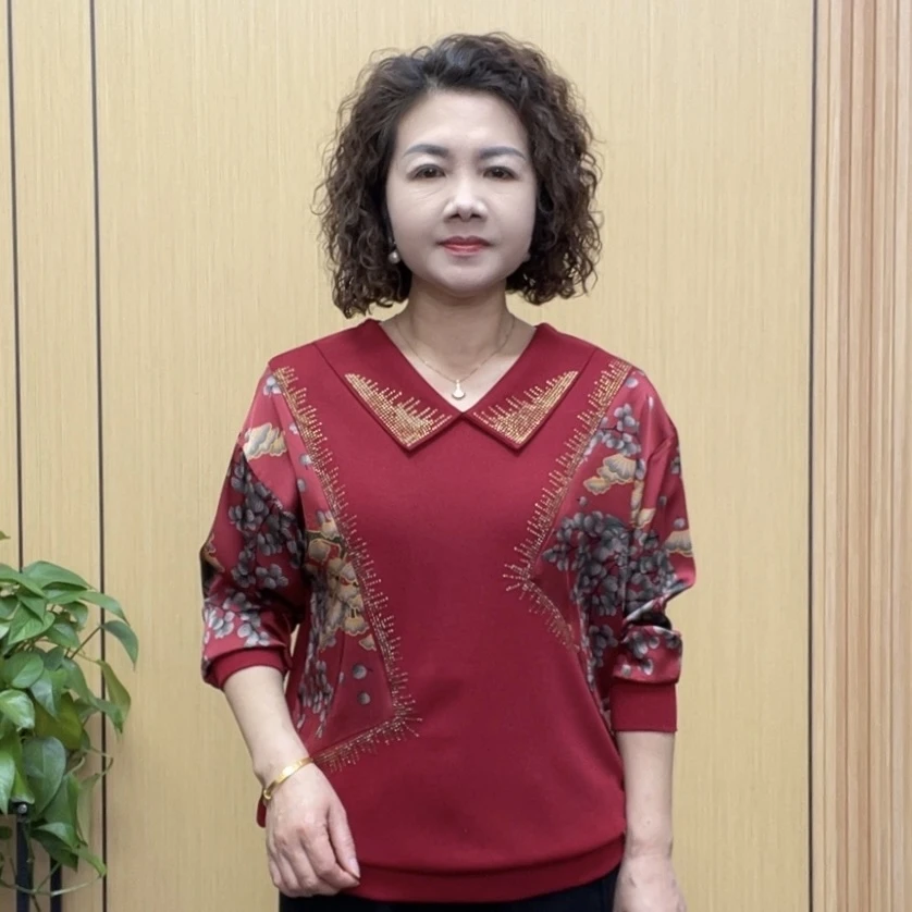 2025春季薄款气质妈妈装百搭洋气宽松拼接长袖时尚中老年打底衫