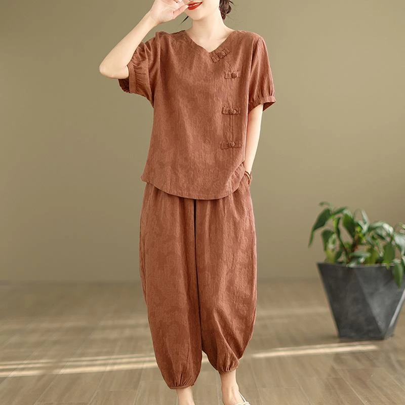 YINZHE中式国风妈妈夏装2025新款棉麻套装女夏季洋气大码女装亚麻