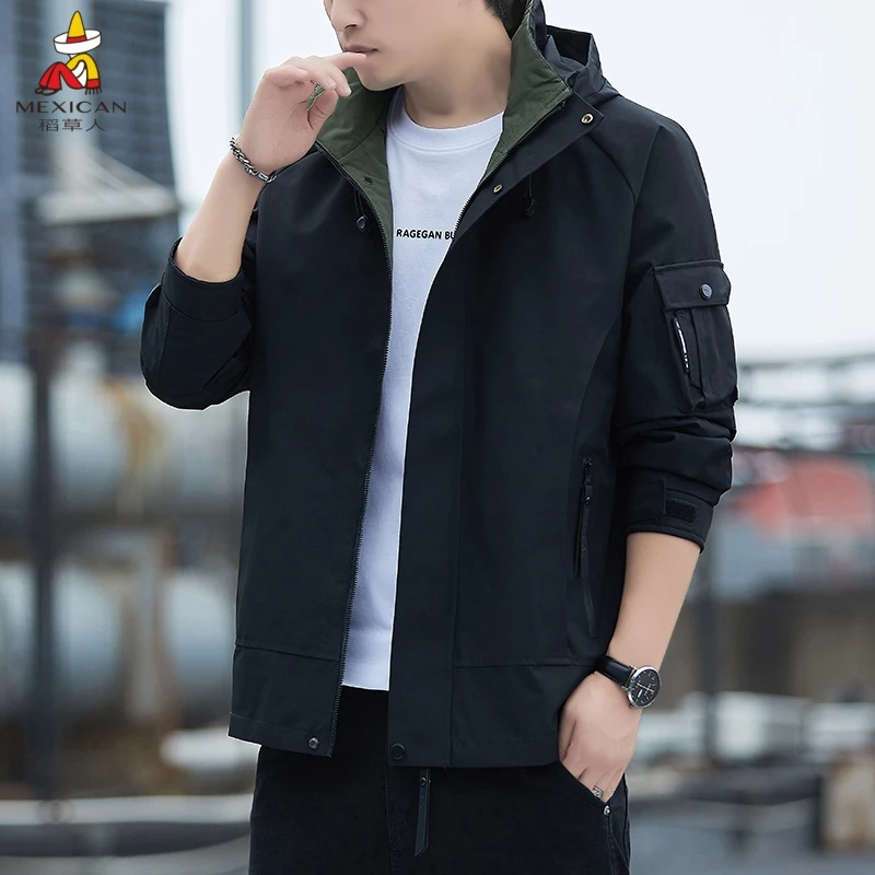 Mexican/稻草人简约风散口袖韩式防风薄款连帽旅行红色男士夹克