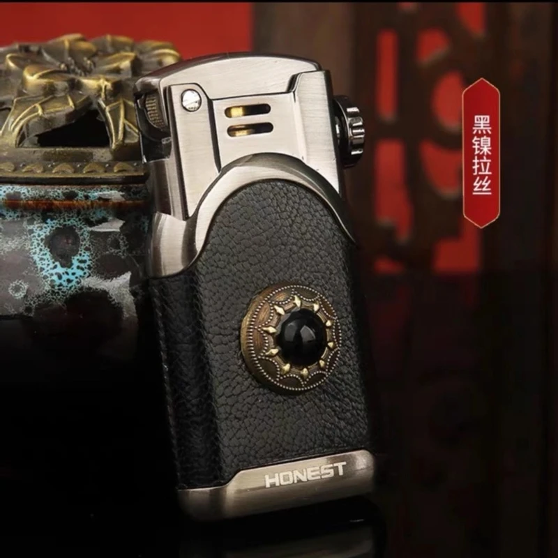 HONEST/百诚张学良同款一键弹射羊皮缝制黑松石镶嵌防风打火机