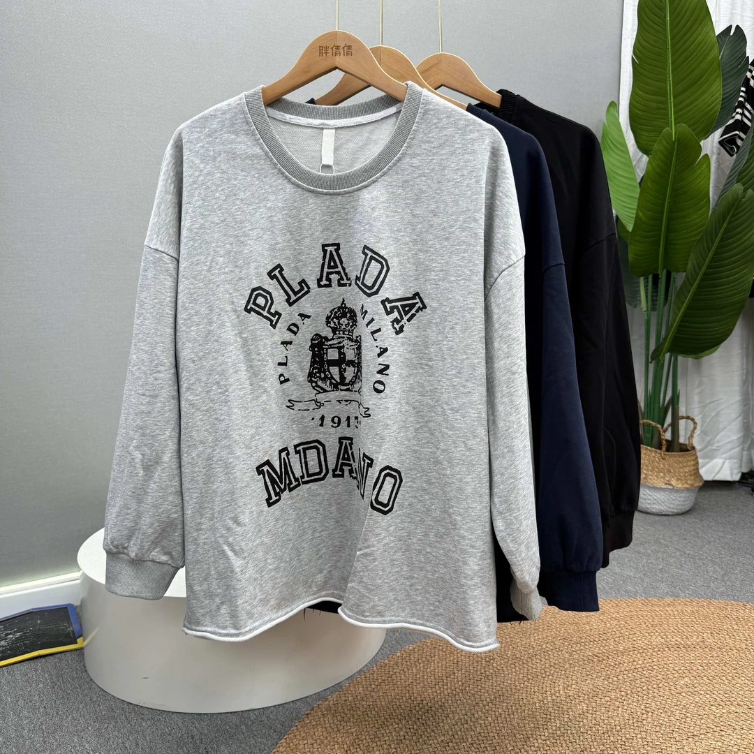 胖倩倩大码女装秋款潮流时尚休闲做旧字母印花圈棉宽松版长袖卫衣