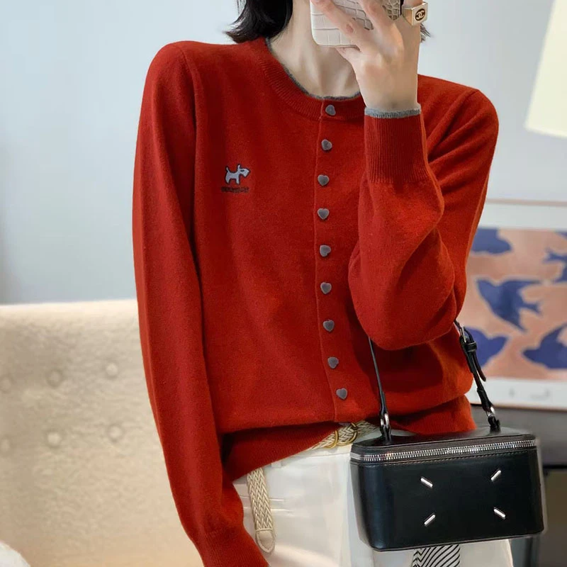 【香嘉怡新品】XJYEA933女士上衣100绵羊毛圆领开衫秋冬针织衫