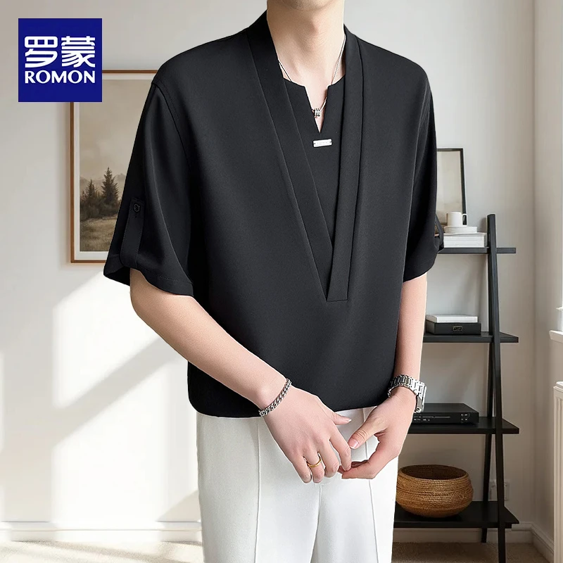 罗蒙黑色V领新款衬衫五分袖夏季垂坠感高级感衬衣半袖休闲外套男