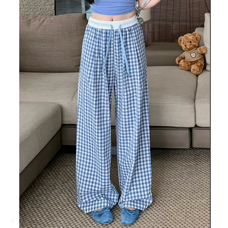 2025款复古黑白格子裤子女高腰宽松休闲时尚松紧腰直筒阔腿长裤女