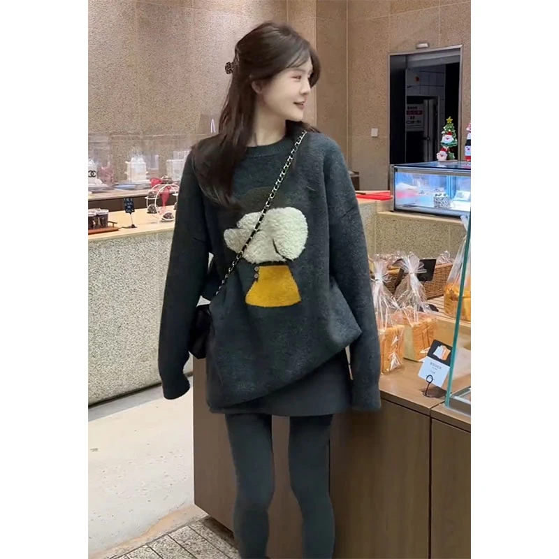 秋冬季洋气甜美卡通中长款长袖毛衣高腰短裙子时尚韩系小个子穿搭