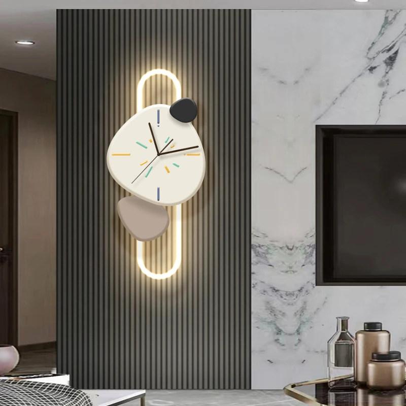 石来运转客厅装饰画带钟表背景墙格栅创意时钟壁灯轻奢餐厅发光画