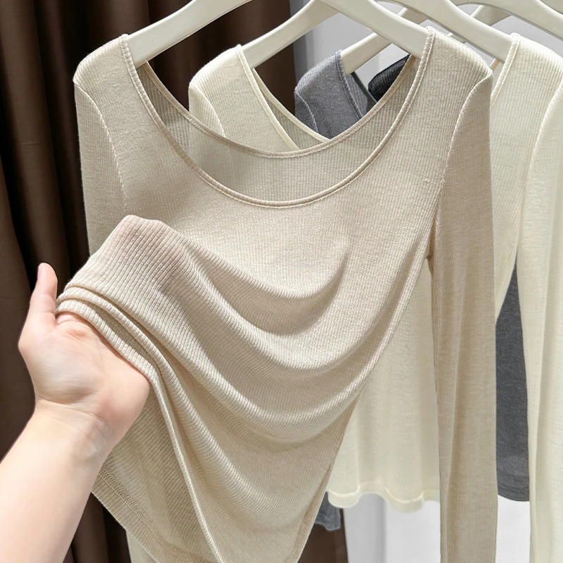 卡其色薄款透视螺纹大圆领打底衫女秋季爆款内搭软糯修身上衣T恤