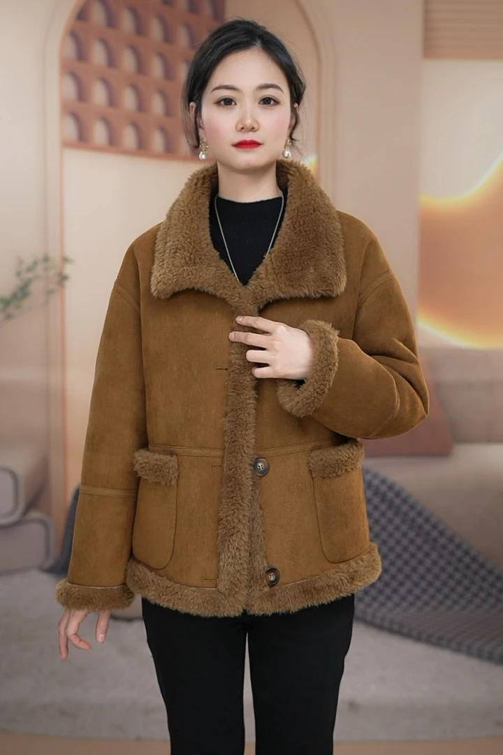 【YPME】新款海宁颗粒绒皮毛一体套女短款保暖时尚加厚绵冬季