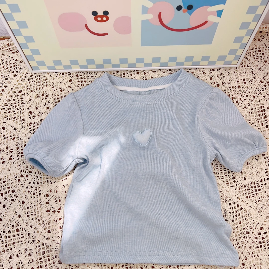 {花卷卷}2025夏季女童蓝色软糯立体爱心后背镂空蝴蝶结短袖52209