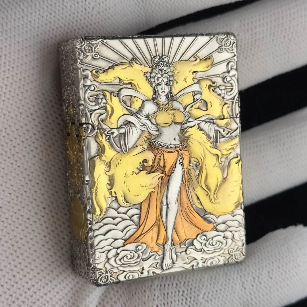 STAR恒星ST9-藏锋-【九尾娘娘】五面浮雕镀银鎏金防风打火机