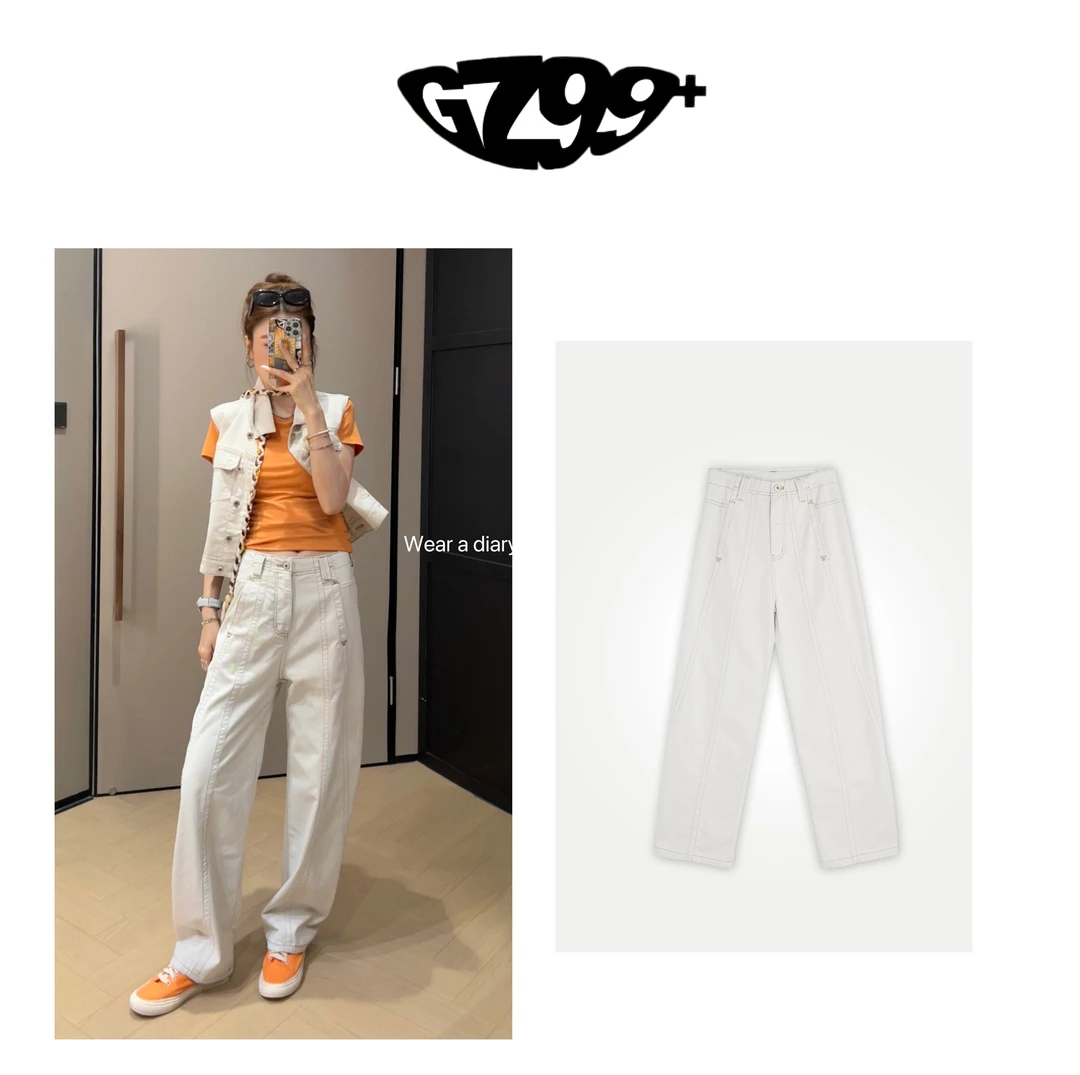 九儿【爱的优雅】 休闲  夏季新款显瘦明线直筒牛仔裤-K6711-1