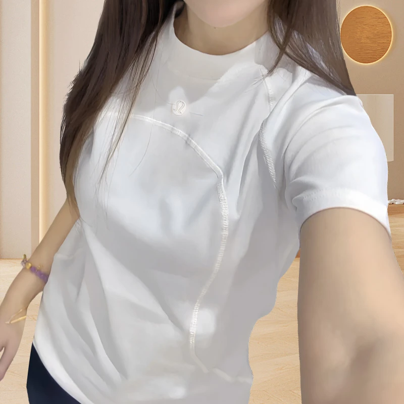 高级感显瘦修身t恤女短袖2025白色正肩休闲拼接设计上衣潮ins