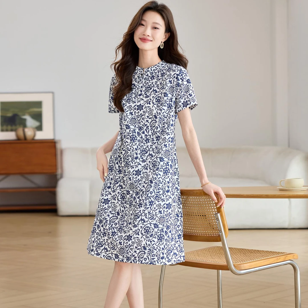 连衣裙2025新款今年流行爆款夏季新中式改良旗袍a字青花瓷裙子女
