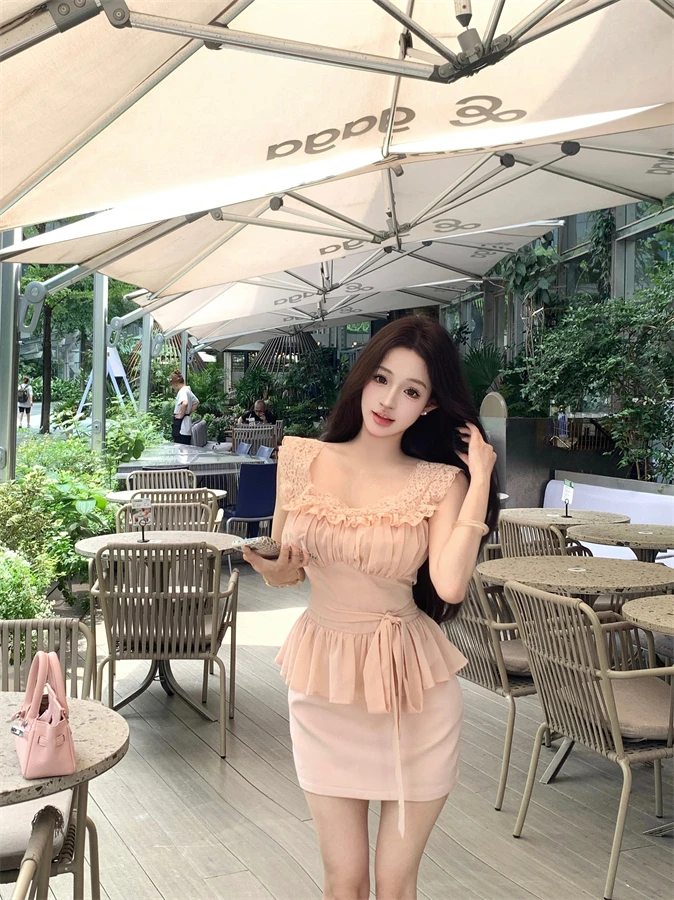 法式纯欲蕾丝无袖收腰上衣高腰显瘦包臀裙两件套女夏季度假风套装