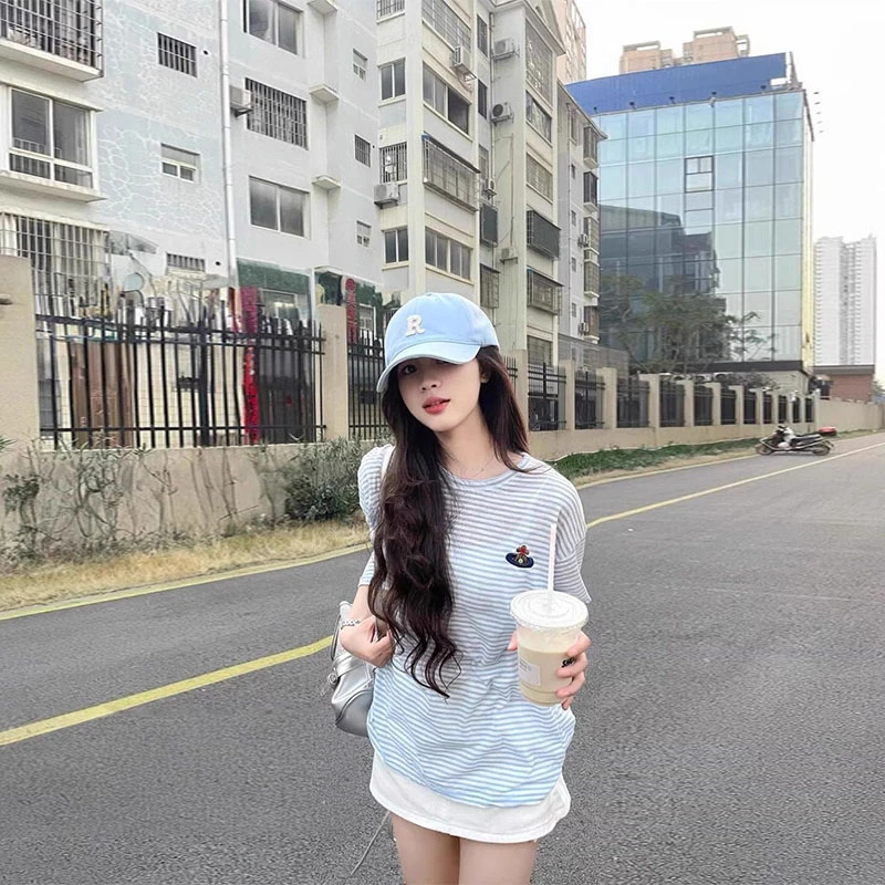 潮牌美式设计感蓝白撞色条纹长袖女夏季宽松百搭防晒罩衫T恤上衣