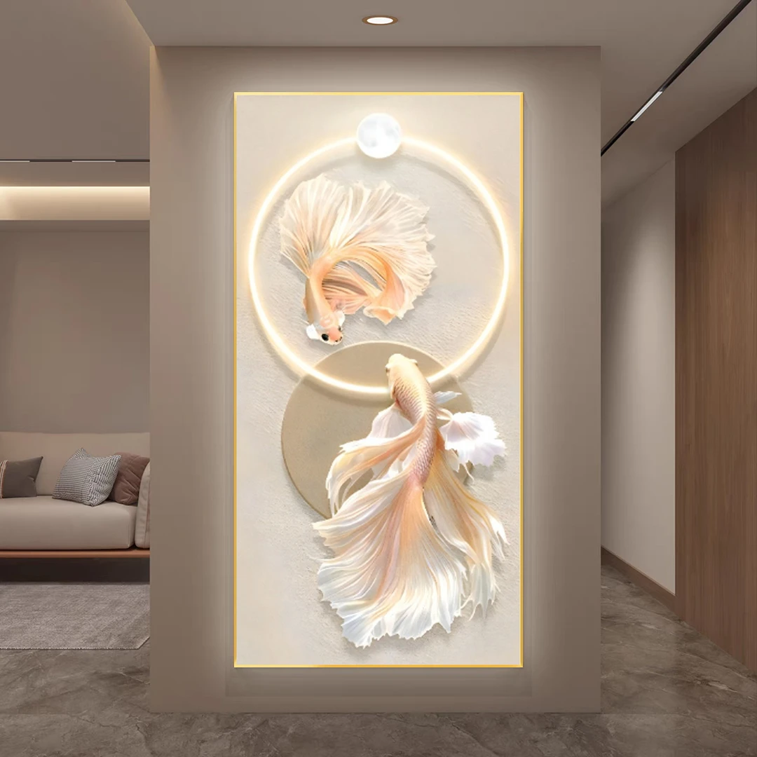 轻奢大气带灯装饰画现代锦鲤画挂画走廊客厅背景墙正对入户门壁画