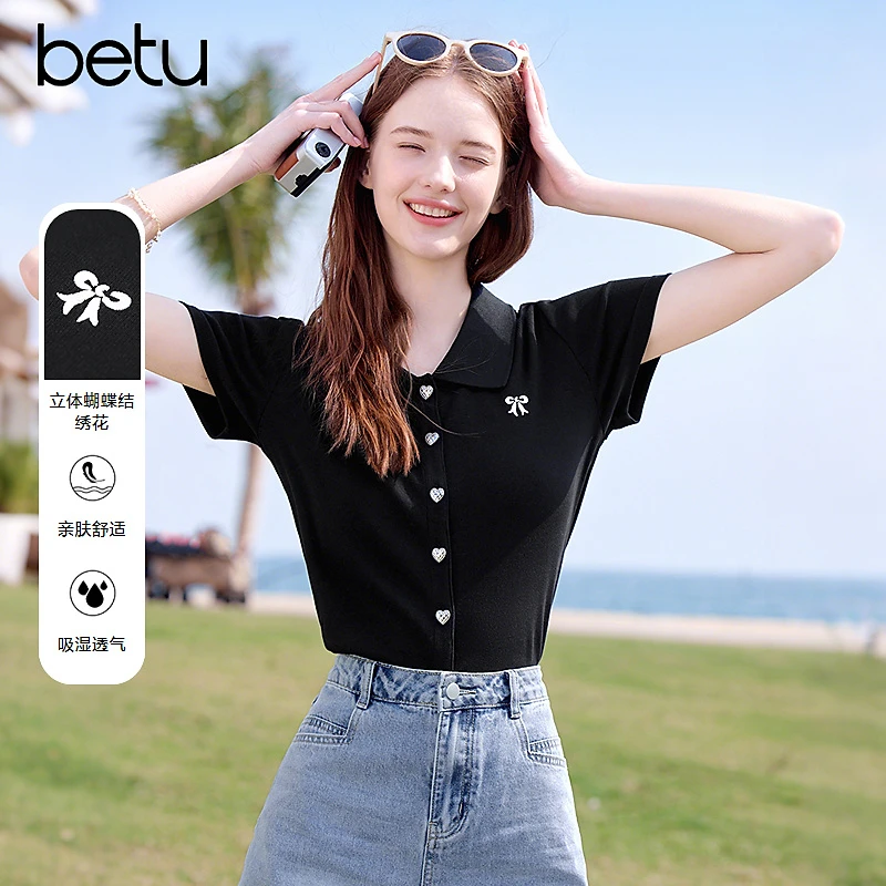 Betu/百图2025年夏季新款舒适透气吸湿立体绣花亲肤T恤 2504T18