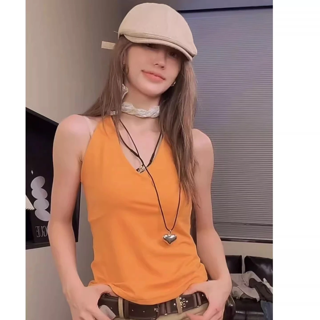 美式复古辣妹橘色吊带背心女夏季外穿设计感小众修身显瘦无袖上衣