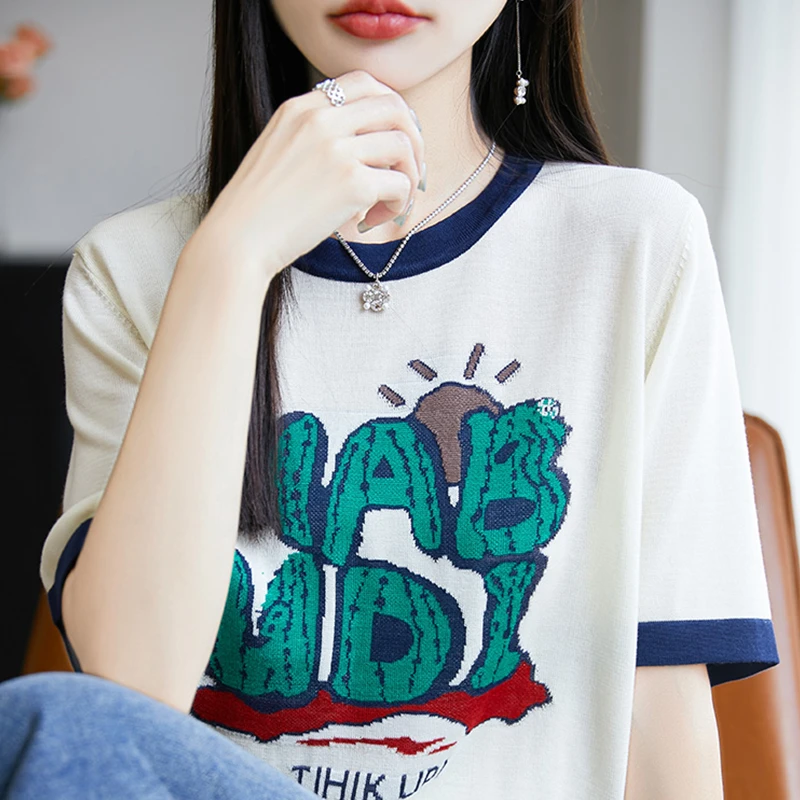 字母提花短袖t恤女夏季2025新款打底衫洋气大码女装冰丝针织上衣