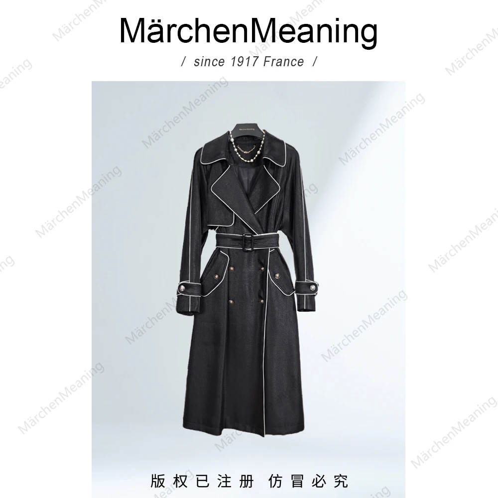MärchenMeaning优雅黑色高定设计师款收腰长款风衣外套磊哥