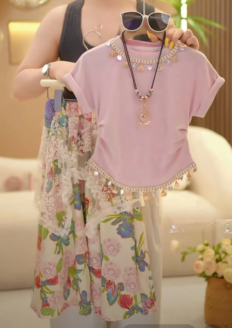 女童夏装套装民族风2025新款儿童夏季纯棉短袖上衣半身裙两件套潮