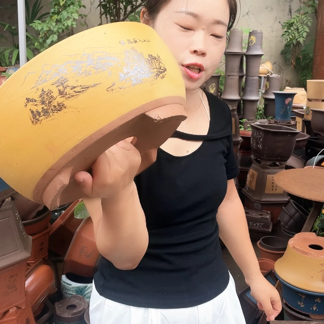 黄色江山如画中号花盆紫砂花盆