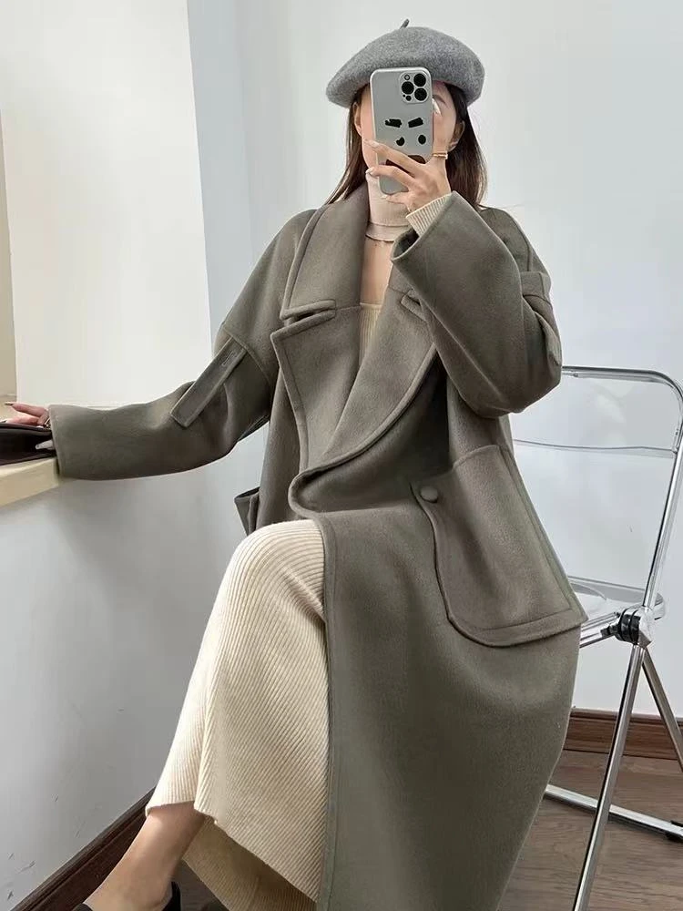 高端双面毛呢大衣中长款宽松大版大口袋冬季9643